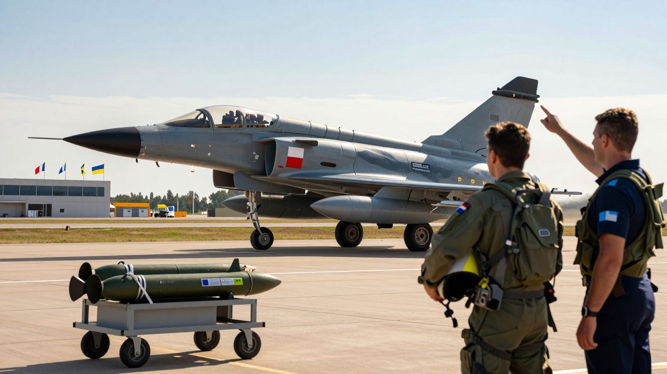 Dois militares observam um caça estacionado numa pista de aeroporto militar num dia de céu limpo.