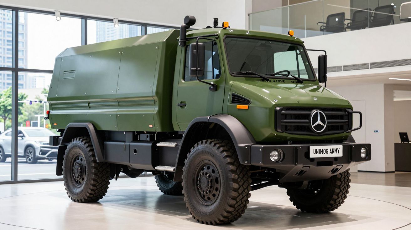 Camião militar Mercedes-Benz Unimog verde exibição em espaço interior moderno.
