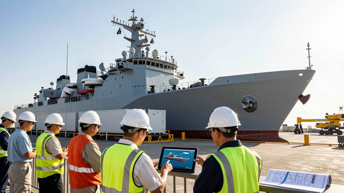 Engenheiros com coletes e capacetes analisam projeto digital de navio de guerra atracado no porto.