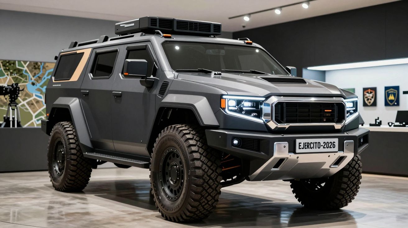 Veículo militar blindado cinza escuro com pneus robustos e matrícula EJERCITO-2026 em exposição interior.