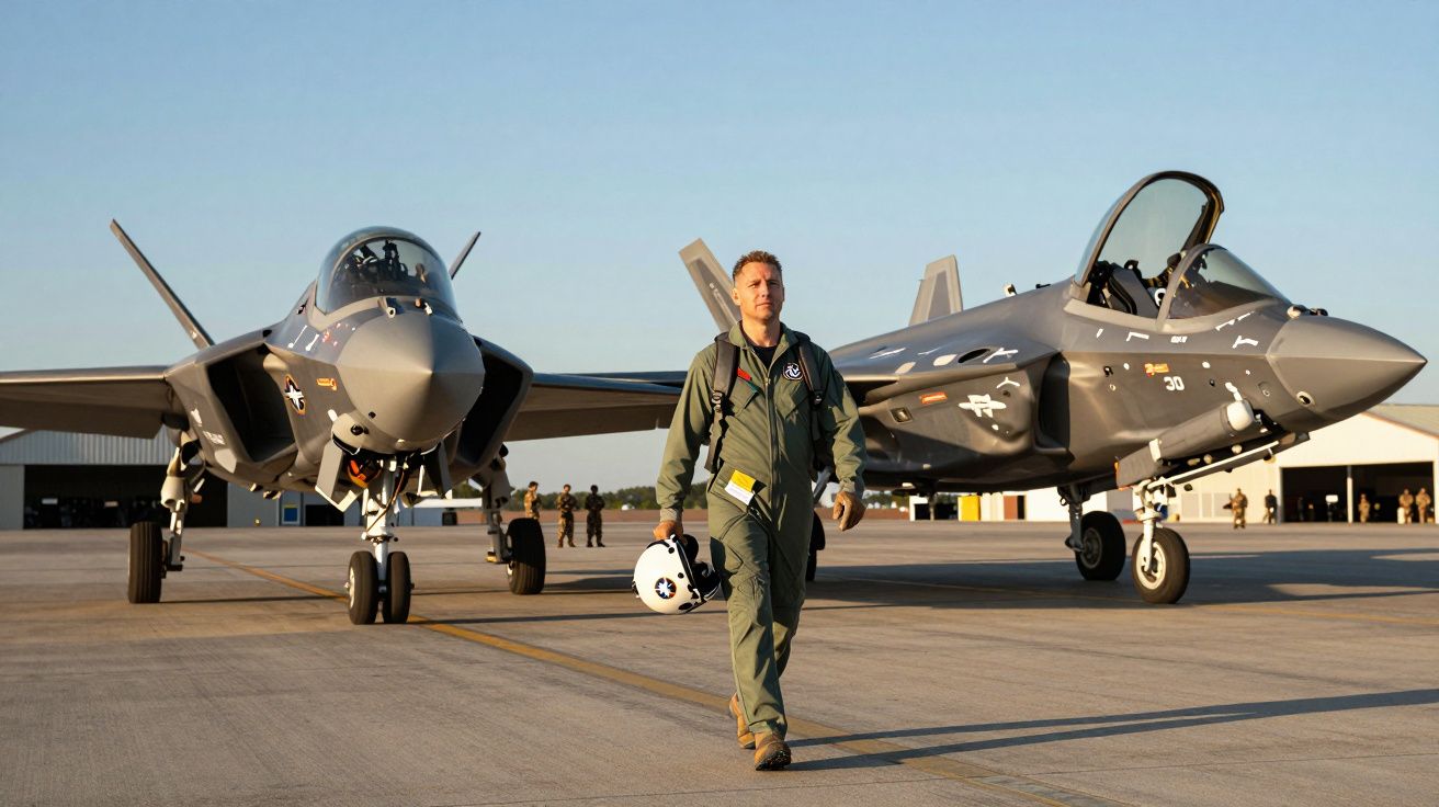 Piloto militar a caminhar na pista entre dois caças stealth estacionados ao final da tarde.