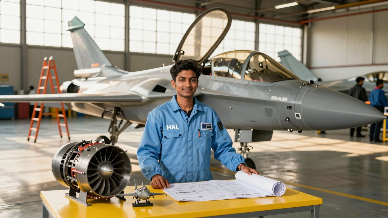 Engenheiro com fatos azuis junto a planta e motor de avião numa oficina com caça ao fundo.