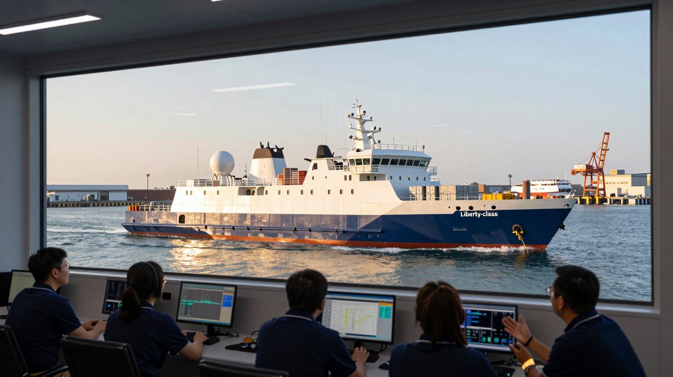 Quatro pessoas em controlo marítimo observam e monitorizam navio Liberty-class no porto ao entardecer.