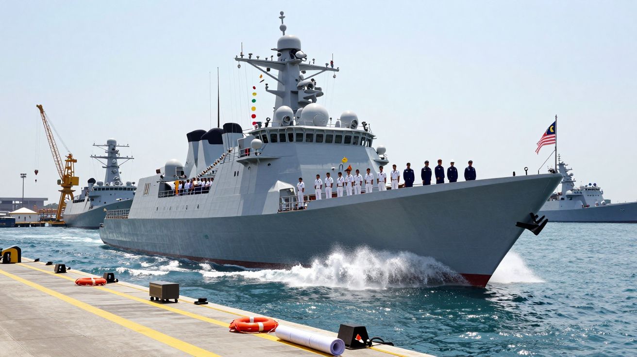 Cruzador naval cinzento aproximando-se do cais com tripulantes em uniforme alinhados na proa.