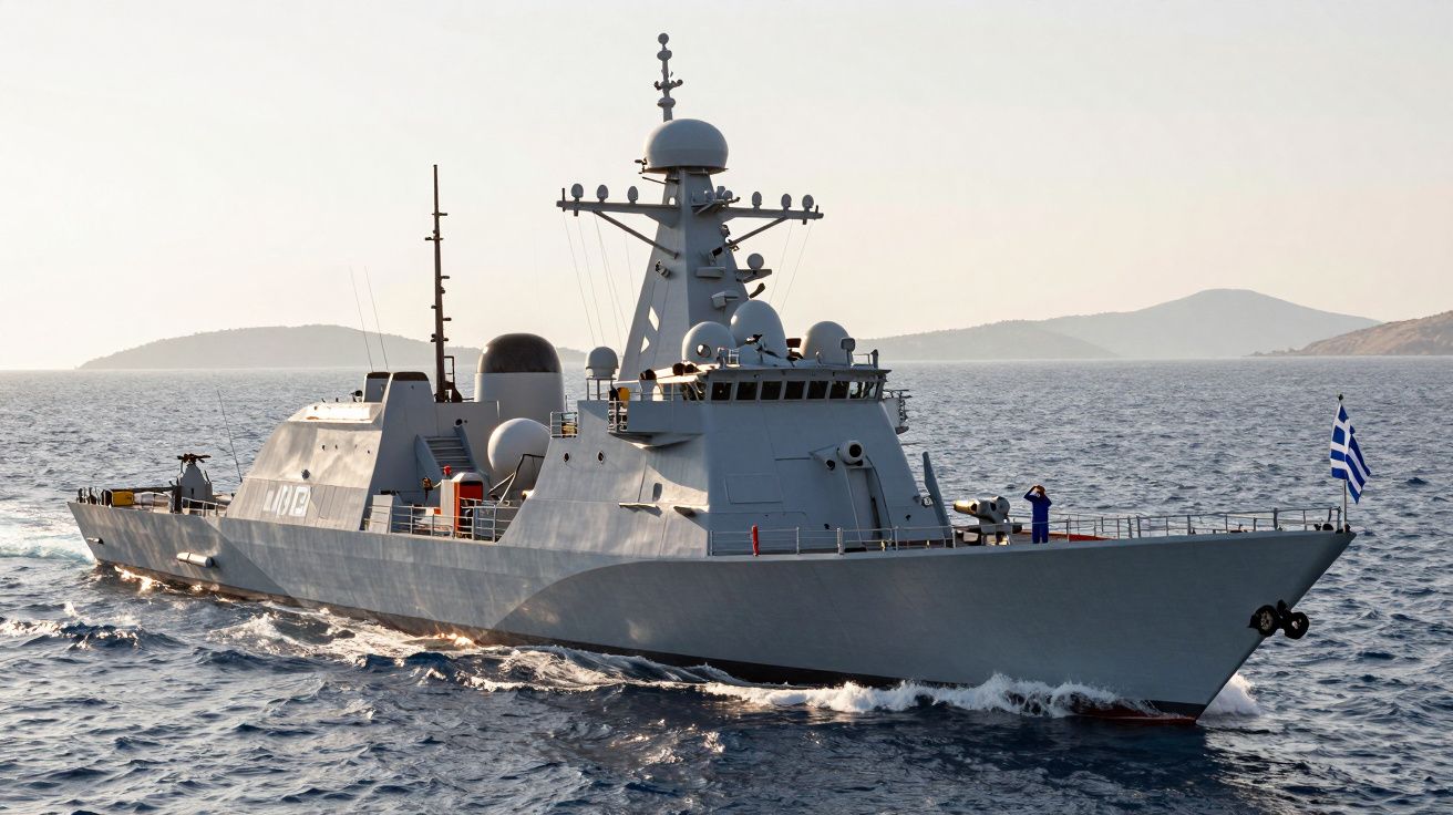 Navio de guerra grego a navegar no mar com montanhas ao fundo e bandeira da Grécia na proa.