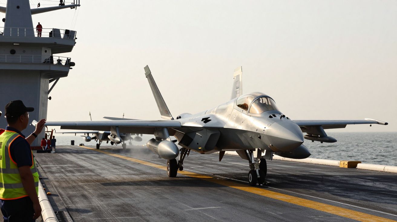 Avião militar prestes a descolar de porta-aviões com tripulante a sinalizar na pista.