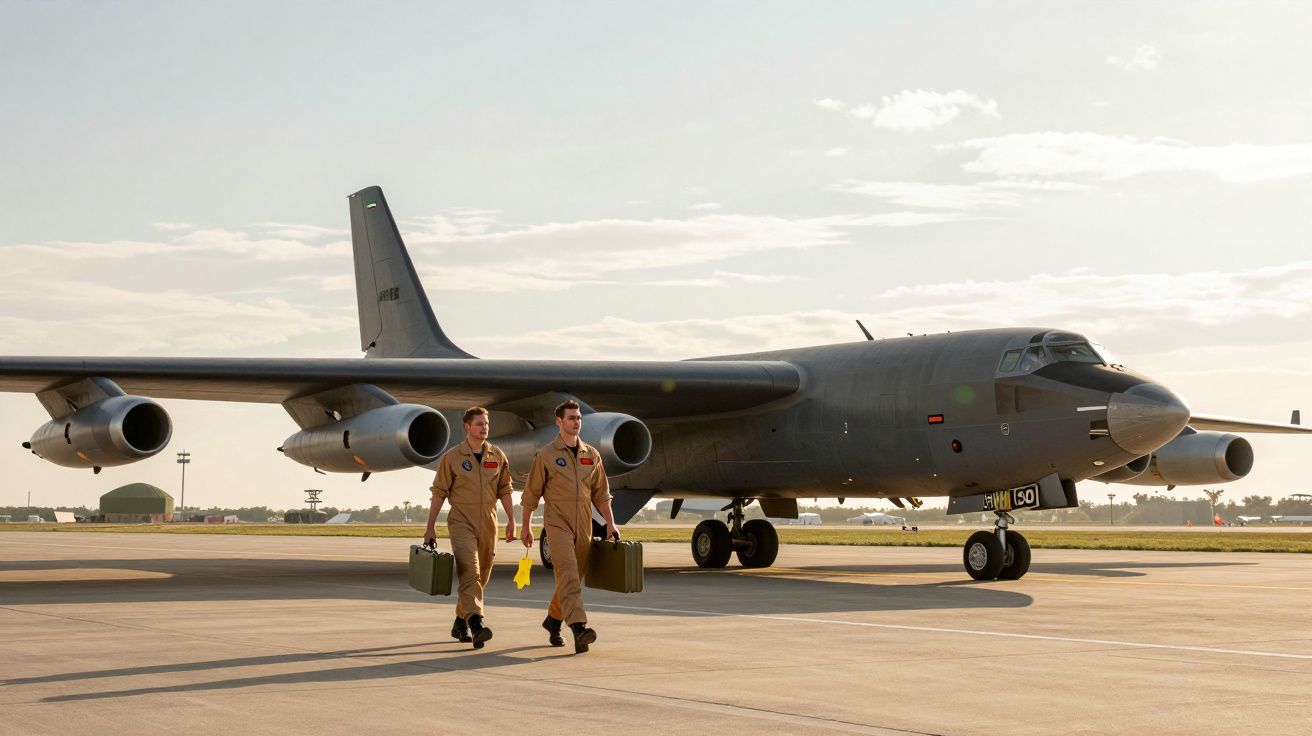 Dois pilotos militares a caminhar na pista junto a um avião de combate estacionado ao pôr do sol.