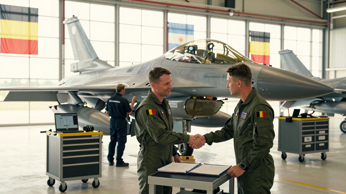 Dois pilotos militares apertam as mãos em frente a um caça F-16 numa hangar com bandeiras e técnicos ao fundo.
