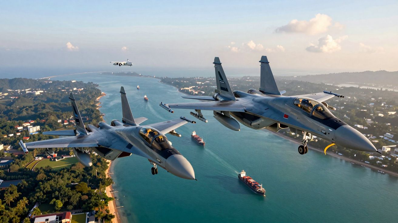 Dois caças militares a voar sobre um rio com barcos e cidade numa paisagem ensolarada.