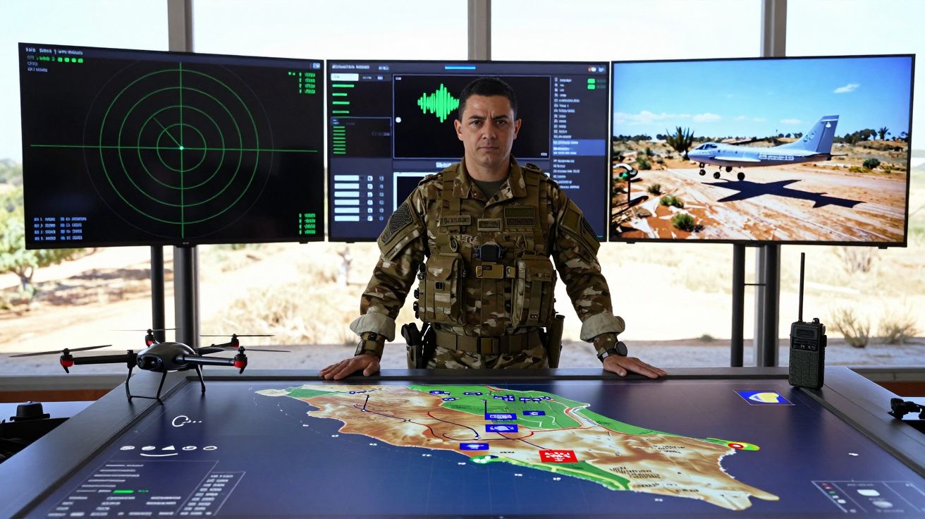 Soldado em uniforme militar diante de três ecrãs digitais e mapa interativo com drone no centro de comando.