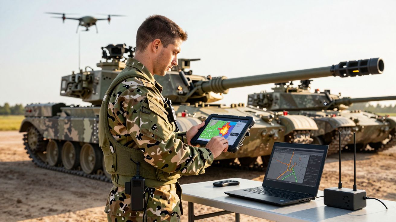 Militar em uniforme camuflado usa tablet junto a tanque e drone num cenário ao ar livre.