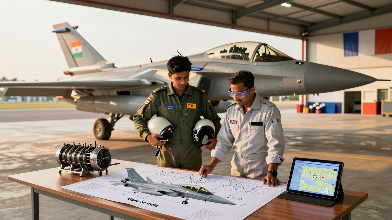 Dois técnicos com capacetes analisam plantas e maquete de avião militar numa instalação com caça ao fundo.