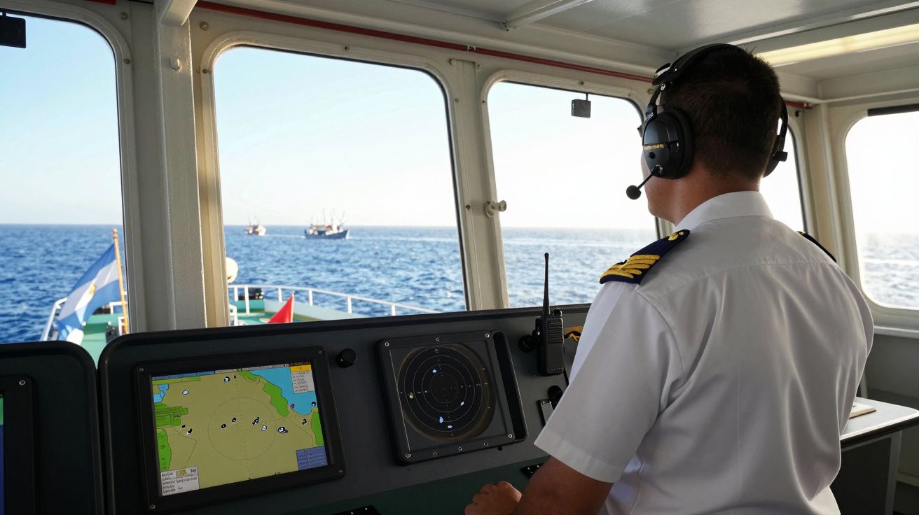 Homem com uniforme e auscultadores a operar um radar e mapa digital num navio em alto mar.