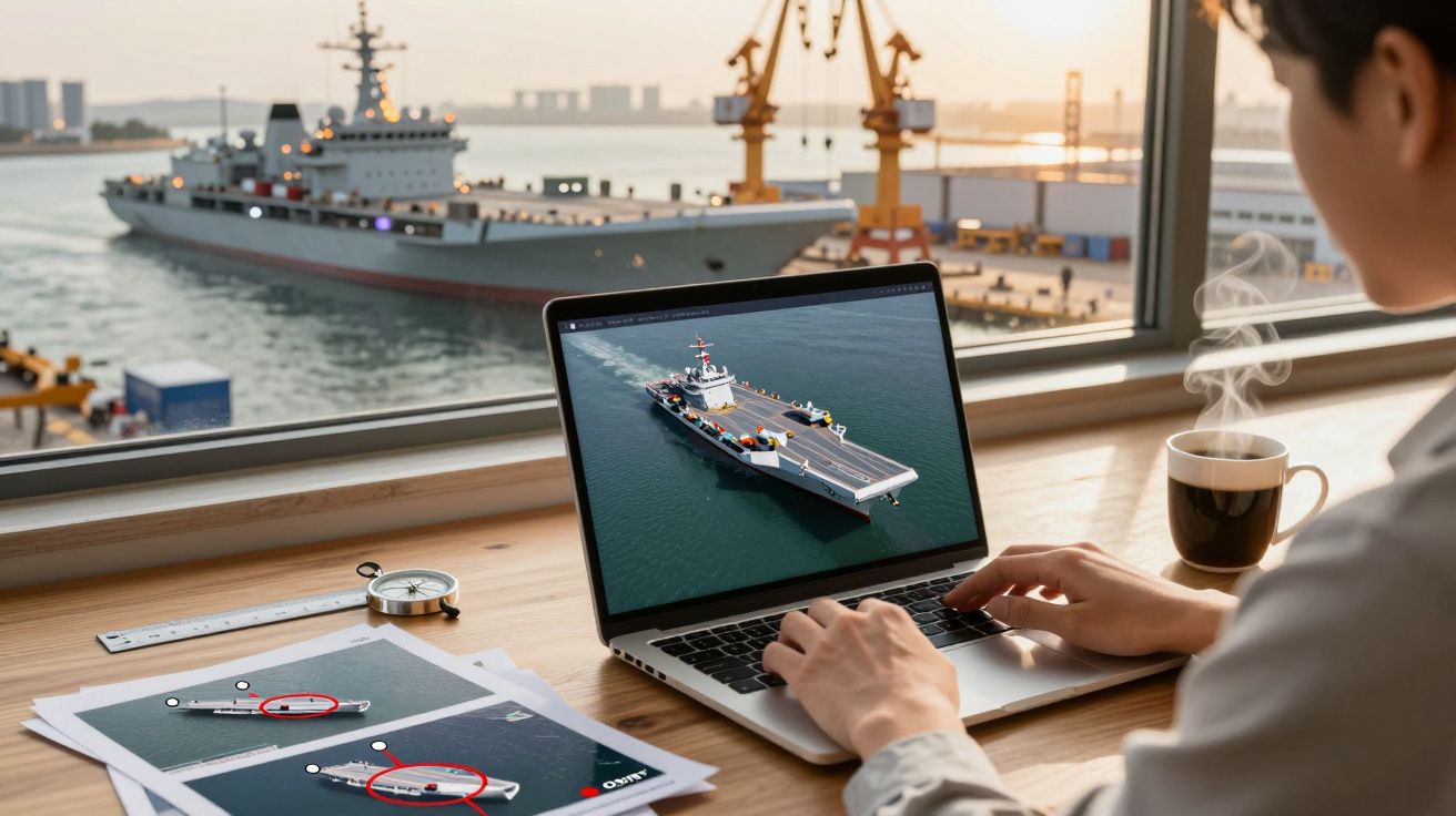 Pessoa a trabalhar num computador portátil com imagens de navios num ambiente de escritório com vista para o porto.