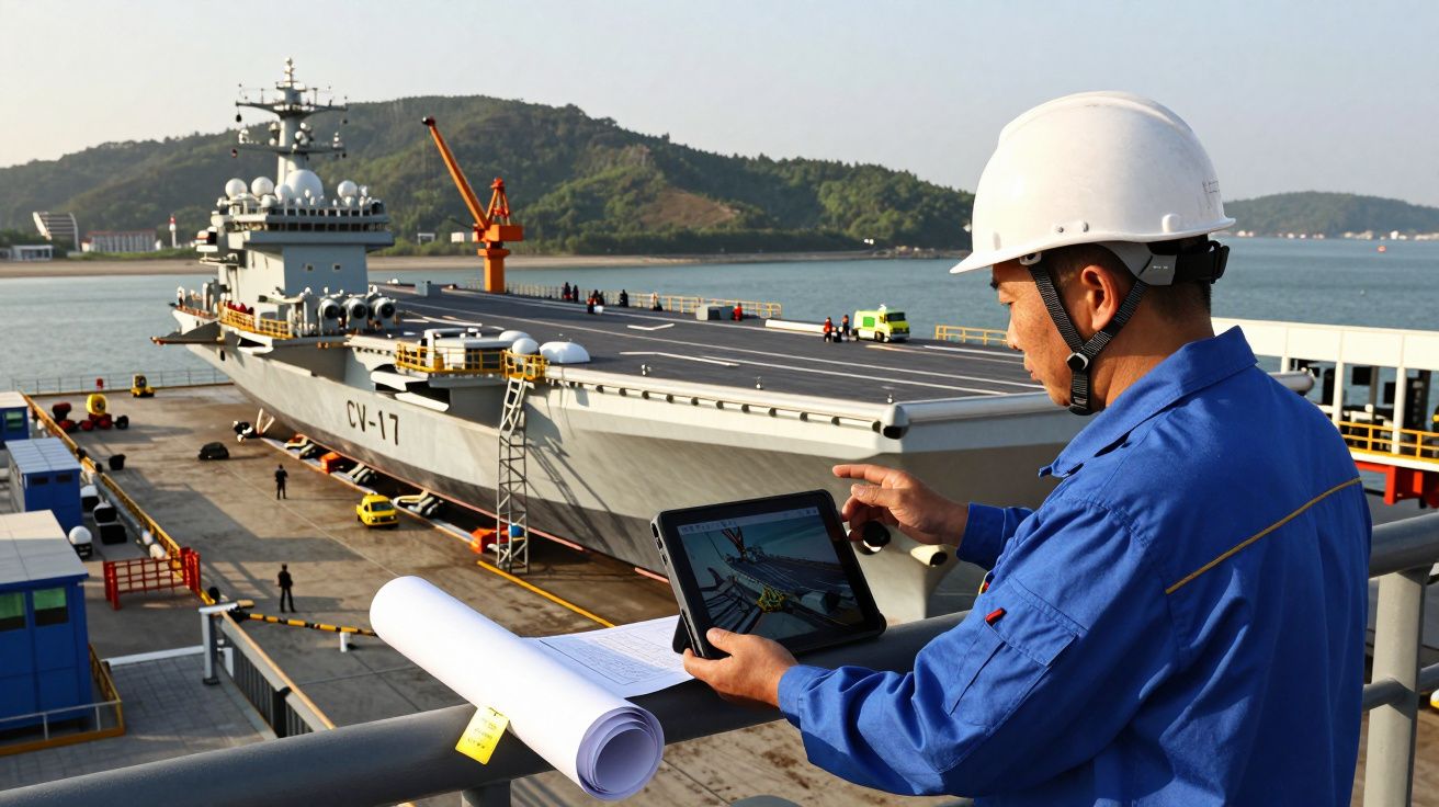 Homem de capacete e macacão azul usa tablet junto a documentos na doca com porta-aviões no fundo.