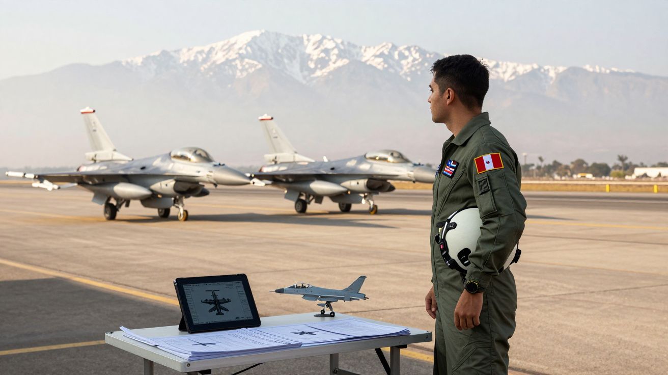 Piloto militar mexicano de uniforme observa dois jatos F-16 na pista com montanha nevada ao fundo.