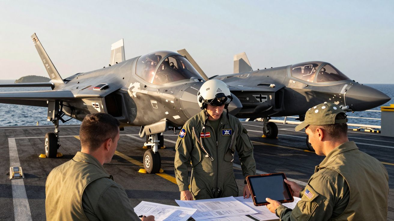 Três militares em uniforme com mapas e tablet ao lado de dois caças F-35 no convés de um porta-aviões.
