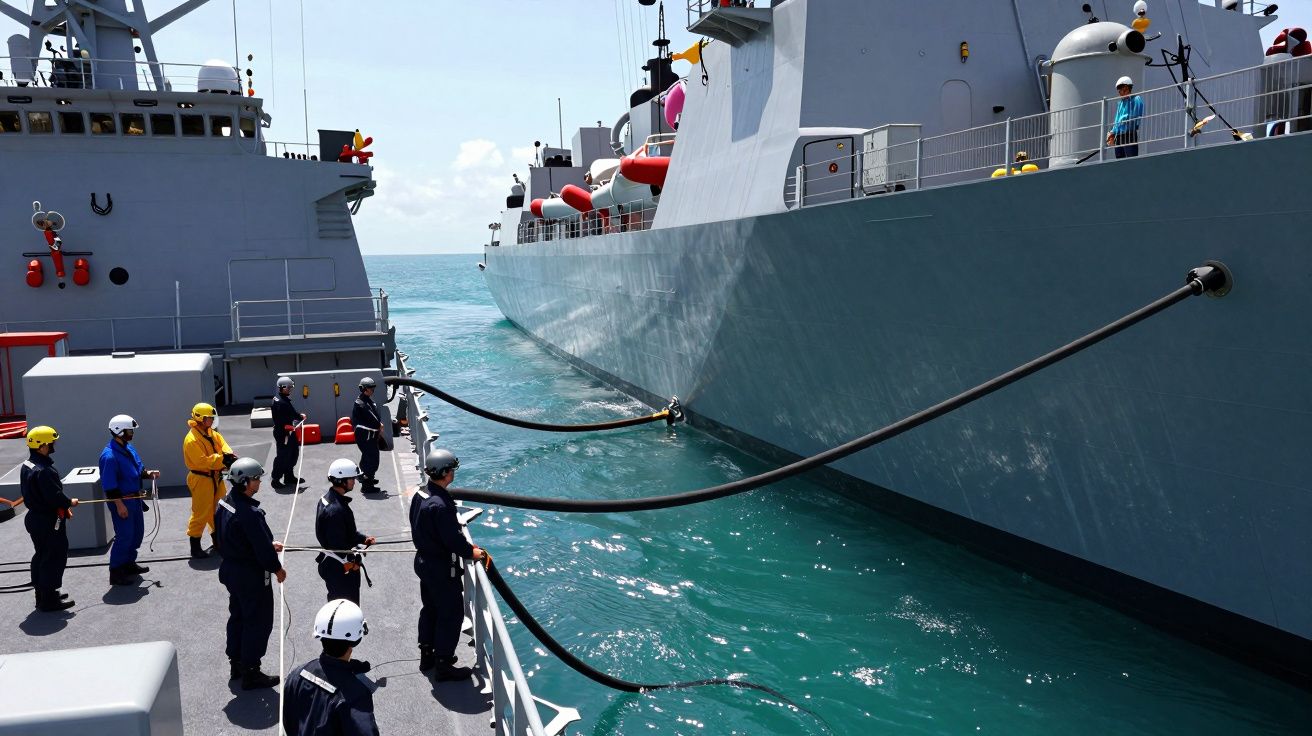 Marinheiros em uniforme com capacetes a trabalhar com cordas entre dois navios militares no mar.