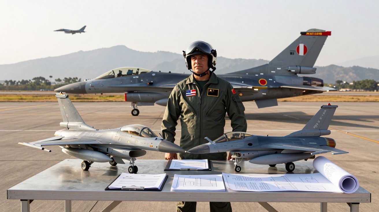 Piloto militar de pé junto a duas miniaturas de aviões de caça e documentos numa pista de aeroporto.
