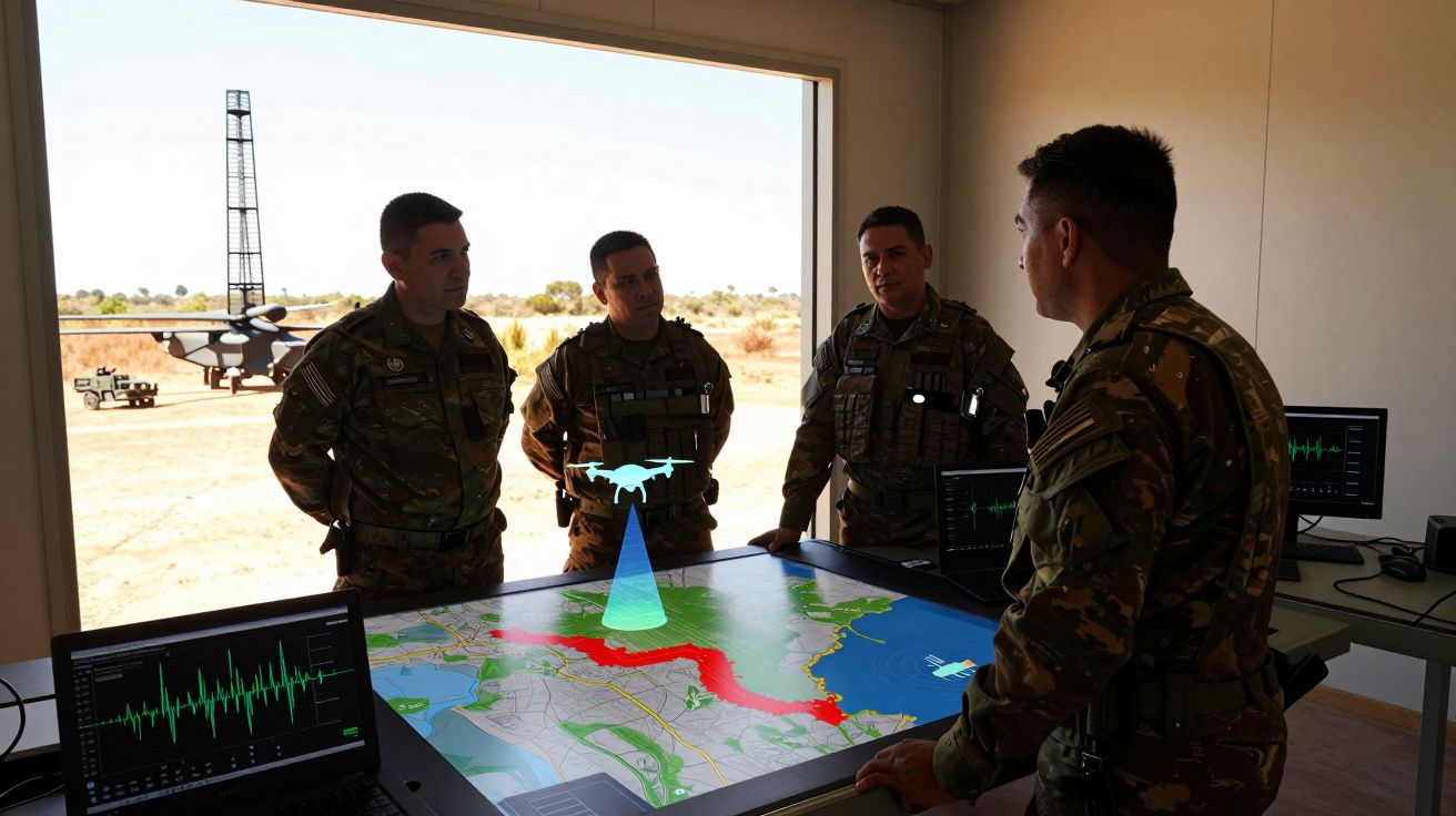 Quatro militares em uniforme analisam mapa digital com drone projetado dentro de um edifício.