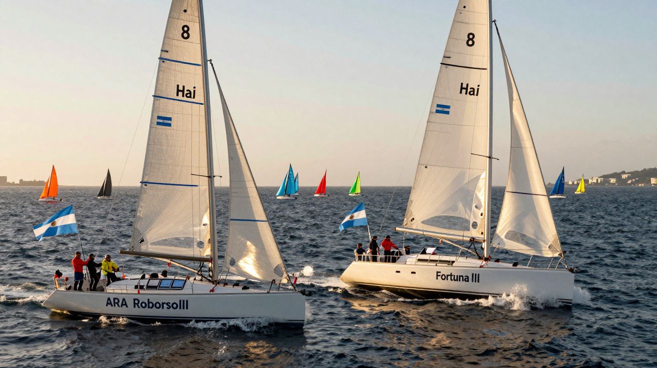 Duas velas brancas com bandeiras argentinas a navegar em regata com outras veleiras coloridas ao fundo ao pôr do sol.