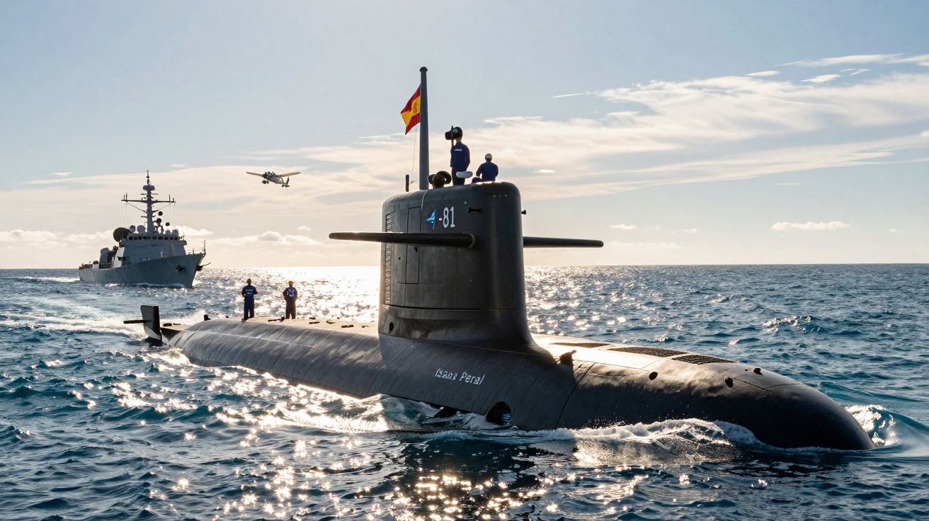 Submarino espanhol com bandeira nacional à superfície no mar, com navio e avião ao fundo ao pôr do sol.