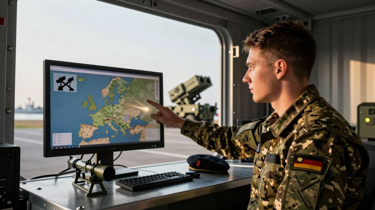 Soldado em uniforme militar indica mapa digital da Europa num ecrã dentro de uma viatura militar.