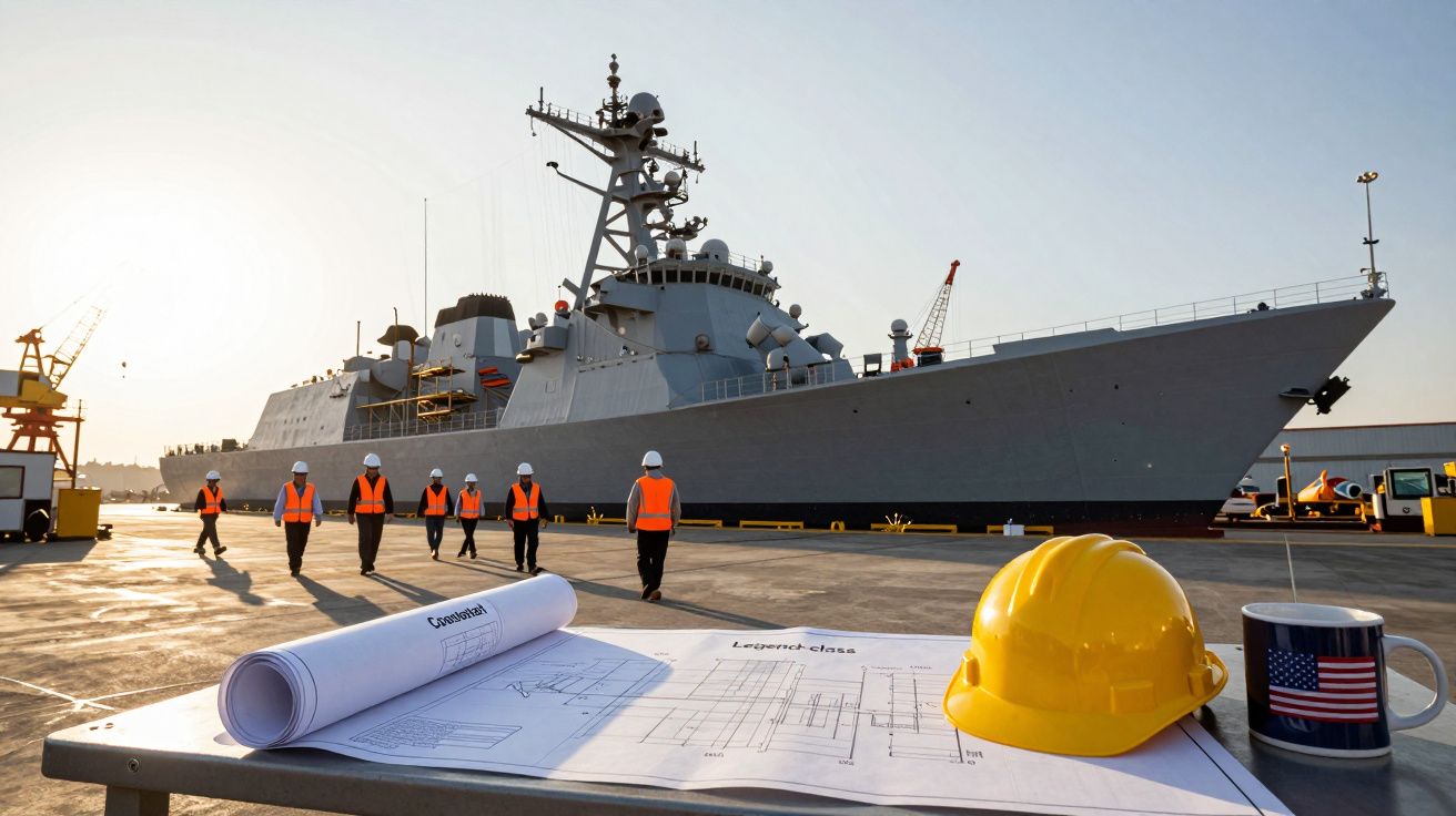Navio de guerra atracado, pessoas de colete refletor a caminhar e mesa com capacete e plantas técnicas no cais.