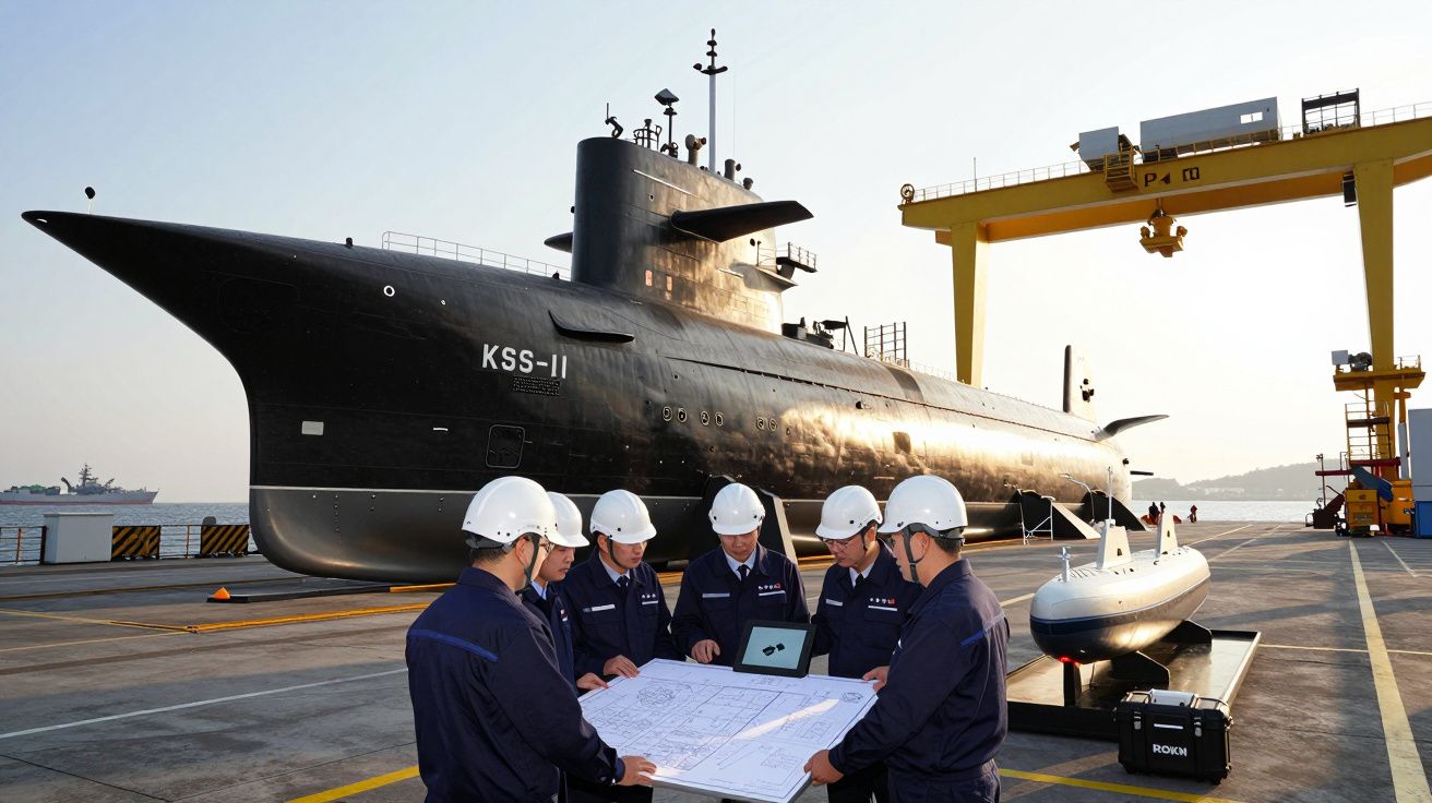 Homens com capacetes brancos revisam planos junto a submarino KSS-II num estaleiro naval.