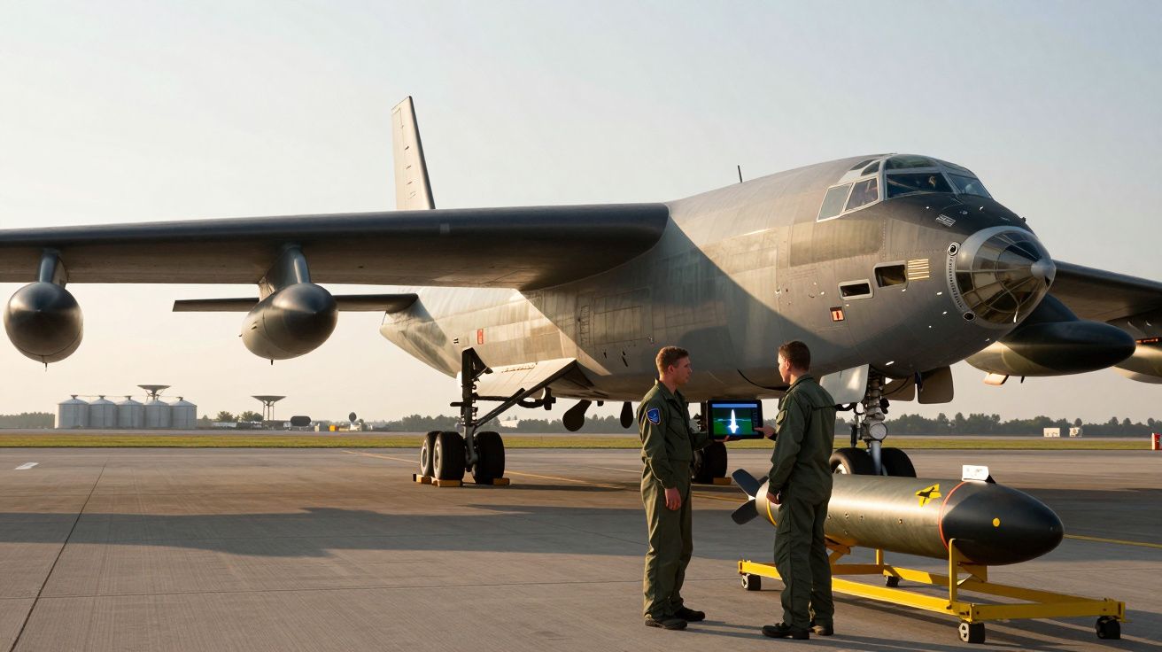 Dois militares junto a um avião bombardeiro e uma bomba no solo durante o dia num aeroporto.