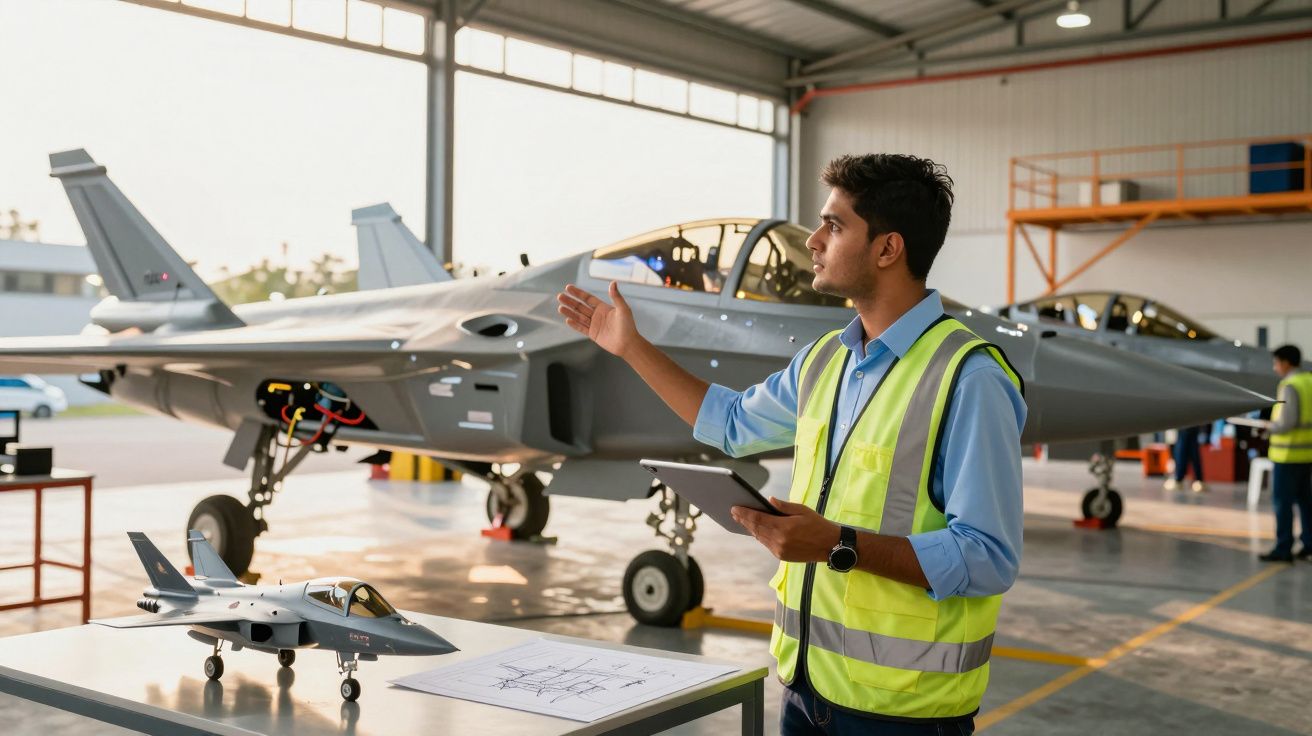 Engenheiro em colete de segurança inspeciona jato militar num hangar com modelo e planta técnica na mesa.