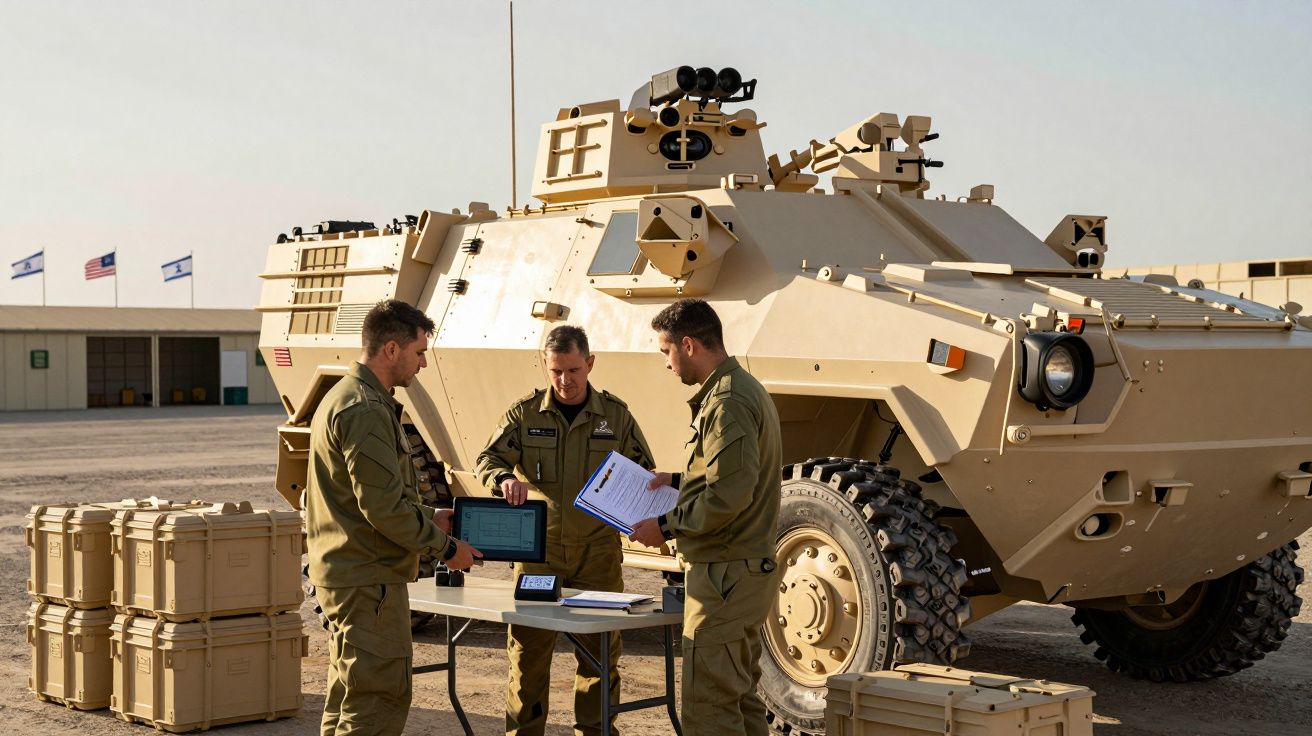 Três militares em uniforme, com documentos e tablet, de pé junto a um veículo blindado e várias caixas militares.
