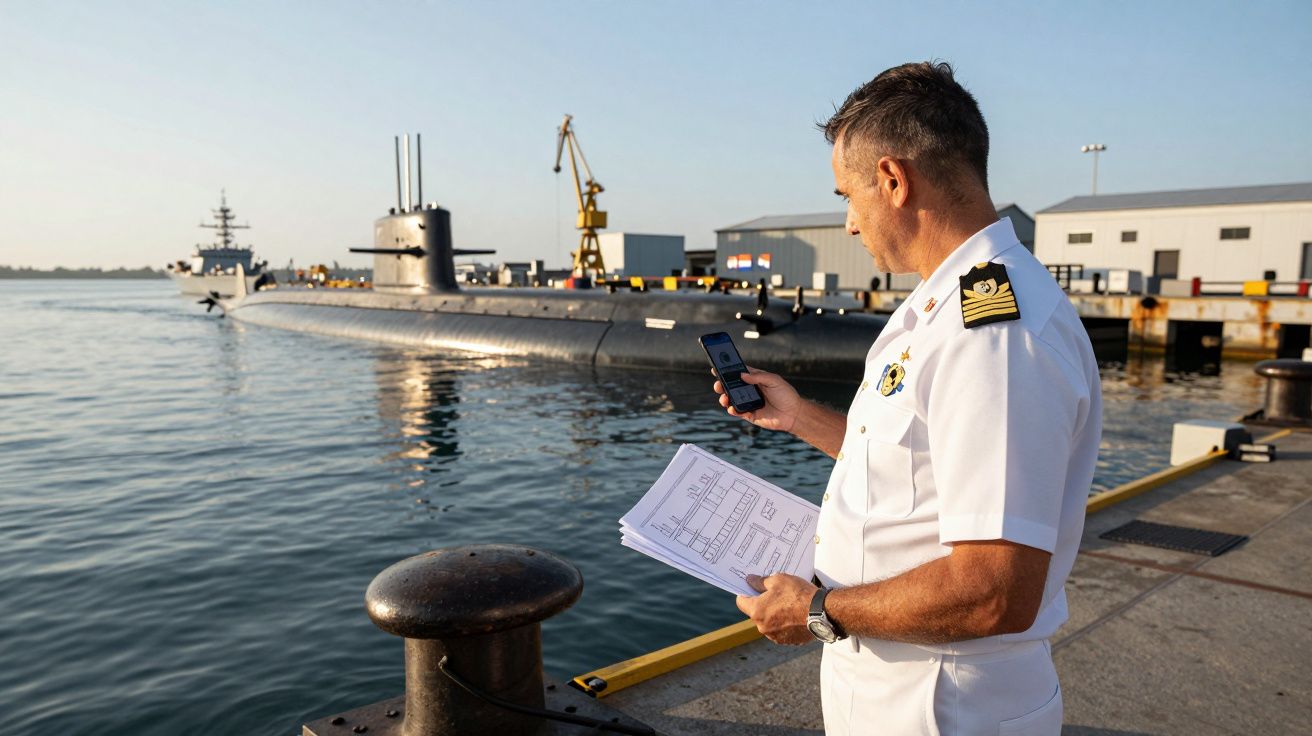 Homem em uniforme naval observa documentos e telemóvel junto a submarino atracado num porto ao amanhecer.