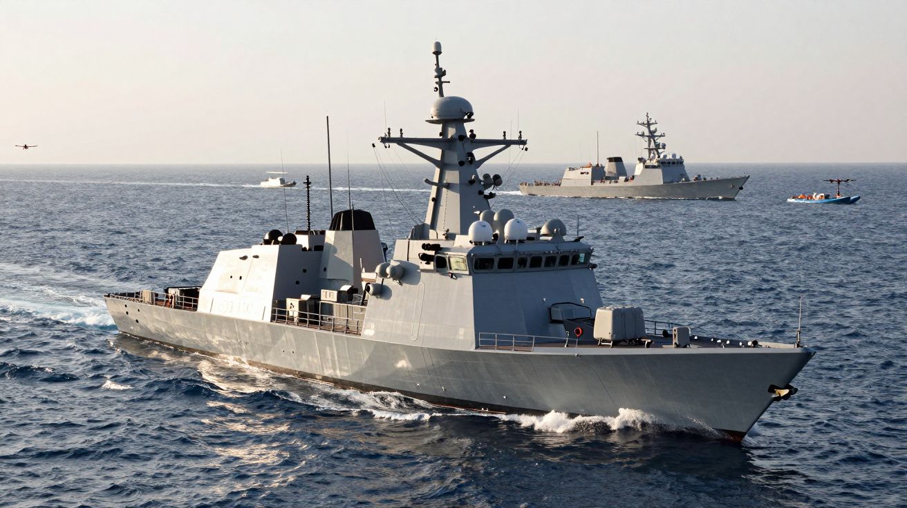 Fragata militar cinzenta a navegar no mar com outras embarcações ao fundo, céu claro e mar calmo.