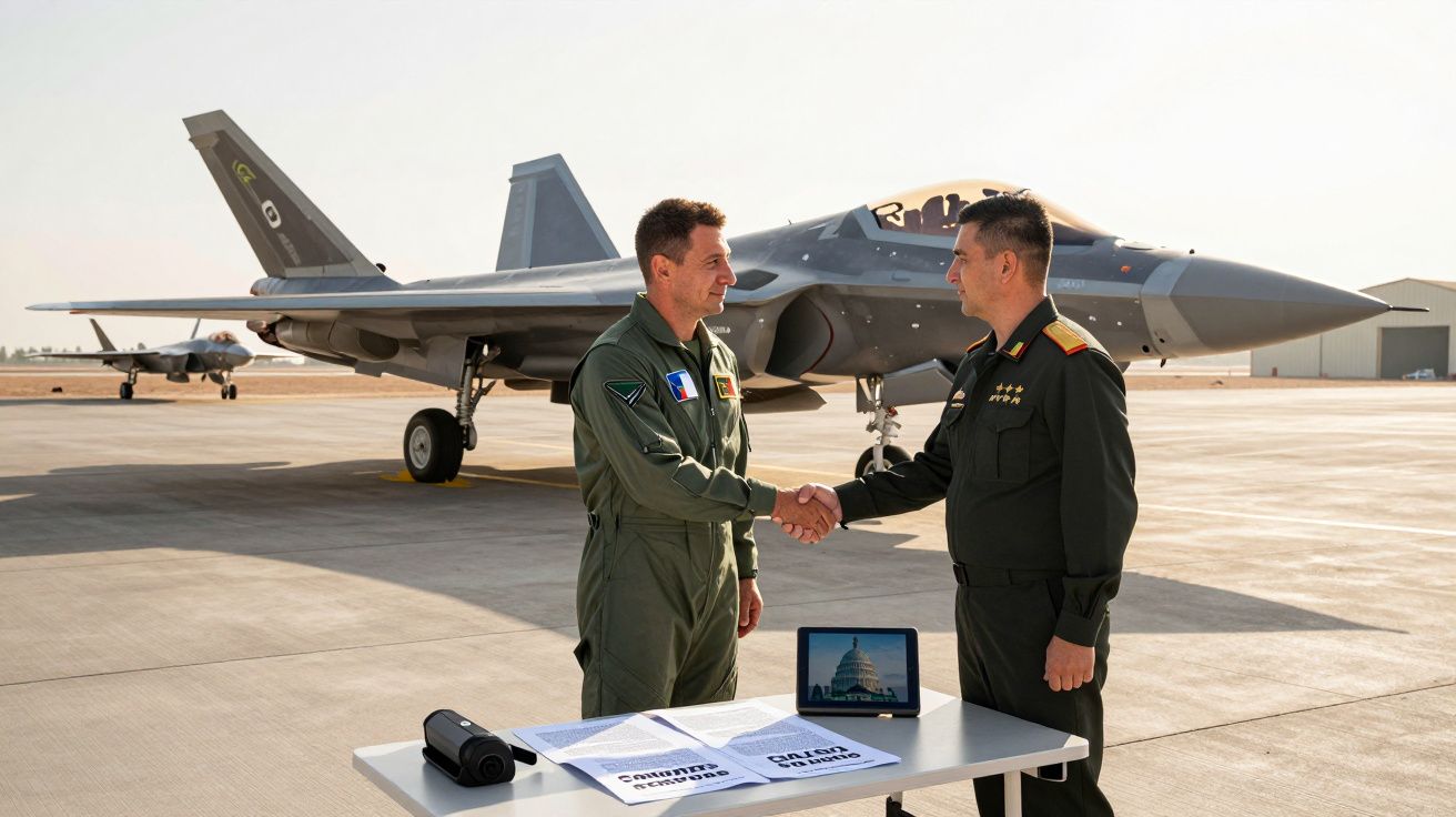 Dois militares a cumprimentarem-se numa pista de aeroportos com jato militar ao fundo e documentos sobre uma mesa.