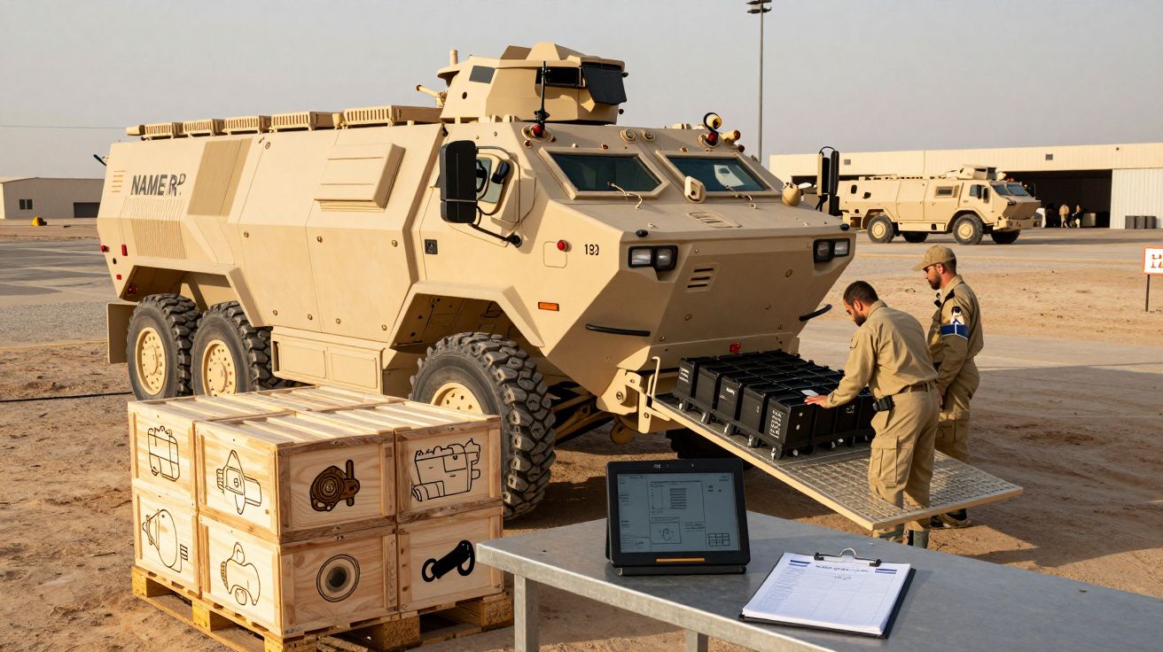 Veículo militar blindado bege com dois soldados a carregar equipamento em ambiente desértico.