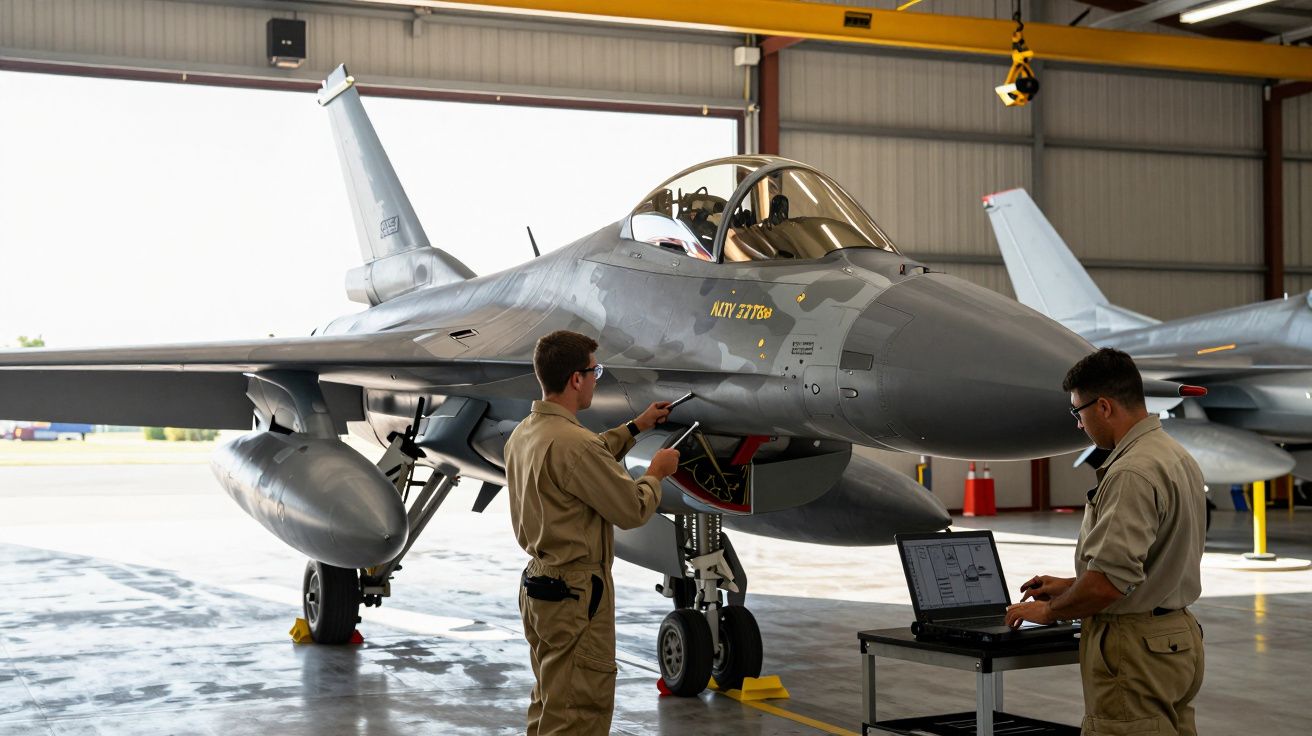 Dois técnicos em fardas trabalham na manutenção de um caça militar estacionado numa hangar.