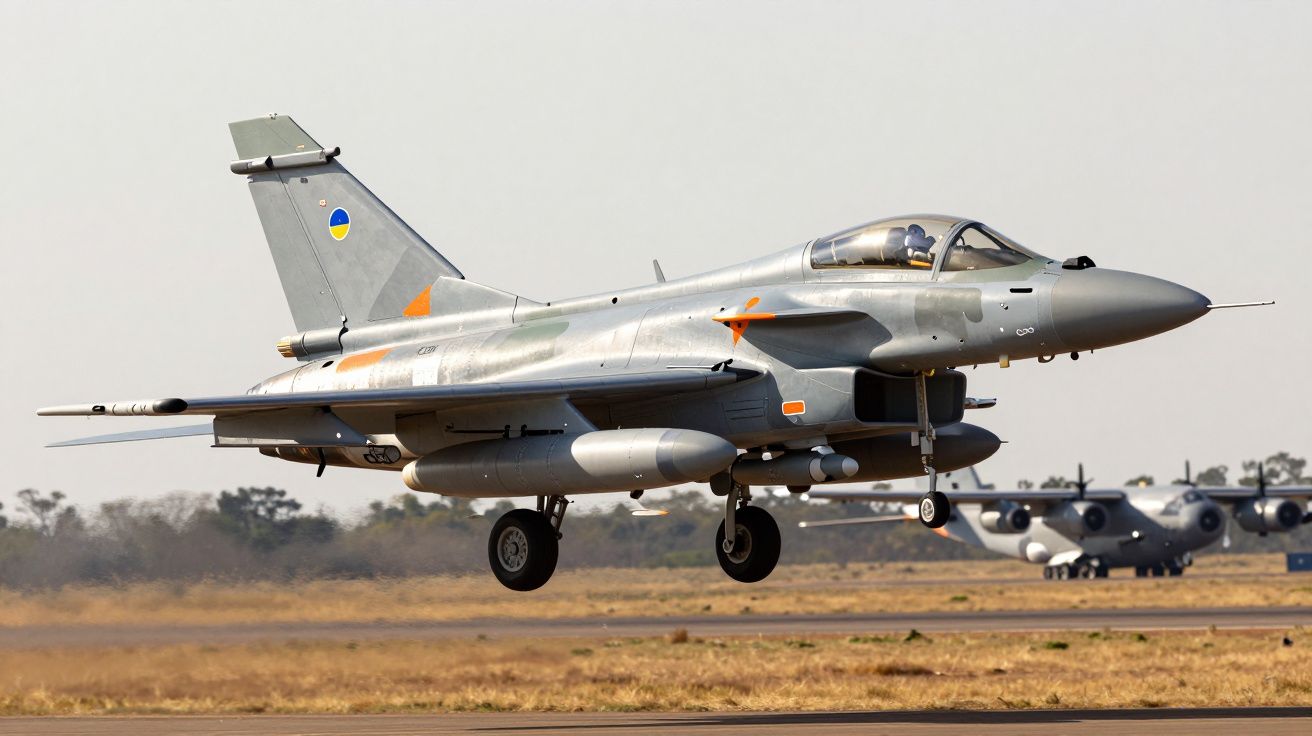 Caça militar cinzento com detalhes laranja a aterrar numa pista de aeroporto com aviões no fundo.