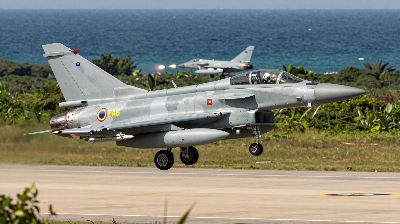 Aviões militares a jato em voo baixo sobre pista junto ao mar e vegetação costeira.
