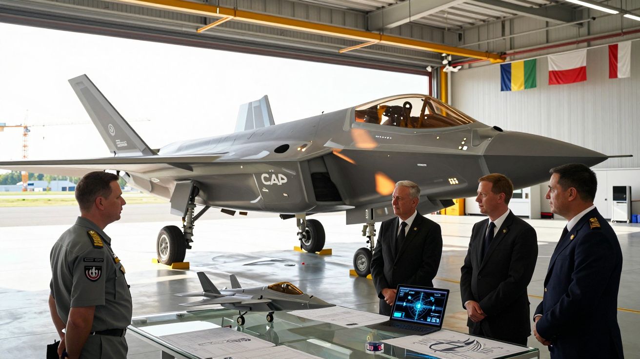 Quatro homens em uniforme e fato formal observam um caça furtivo num hangar iluminado.