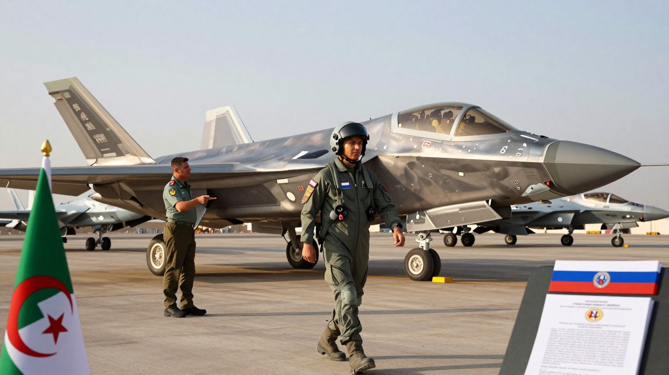 Piloto e oficial junto a dois caças F-35 na pista de um aeroporto militar, com bandeira da Argélia em destaque.
