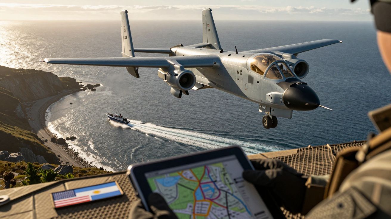 Avião militar em voo costeiro ao pôr do sol com um barco na água e um soldado a consultar um mapa numa tablet.