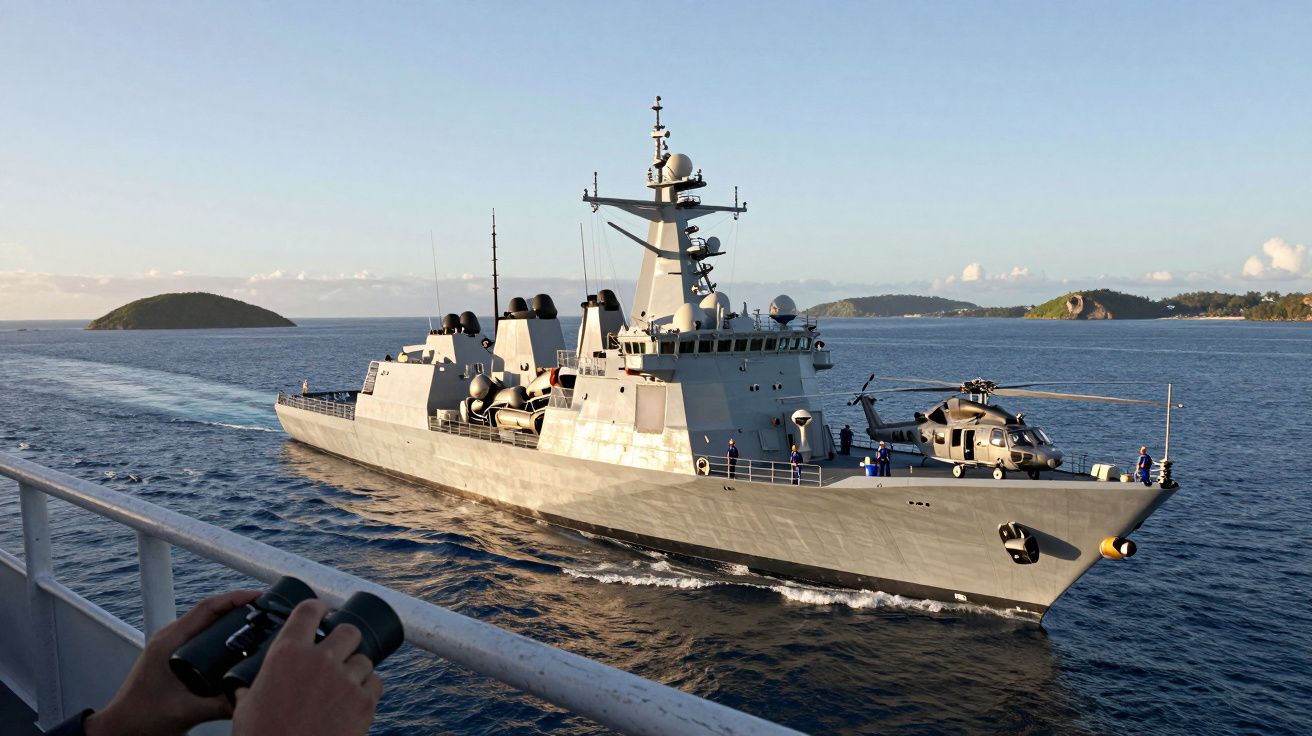 Fragata naval cinzenta com helicóptero no convés a navegar em mar calmo ao pôr do sol.