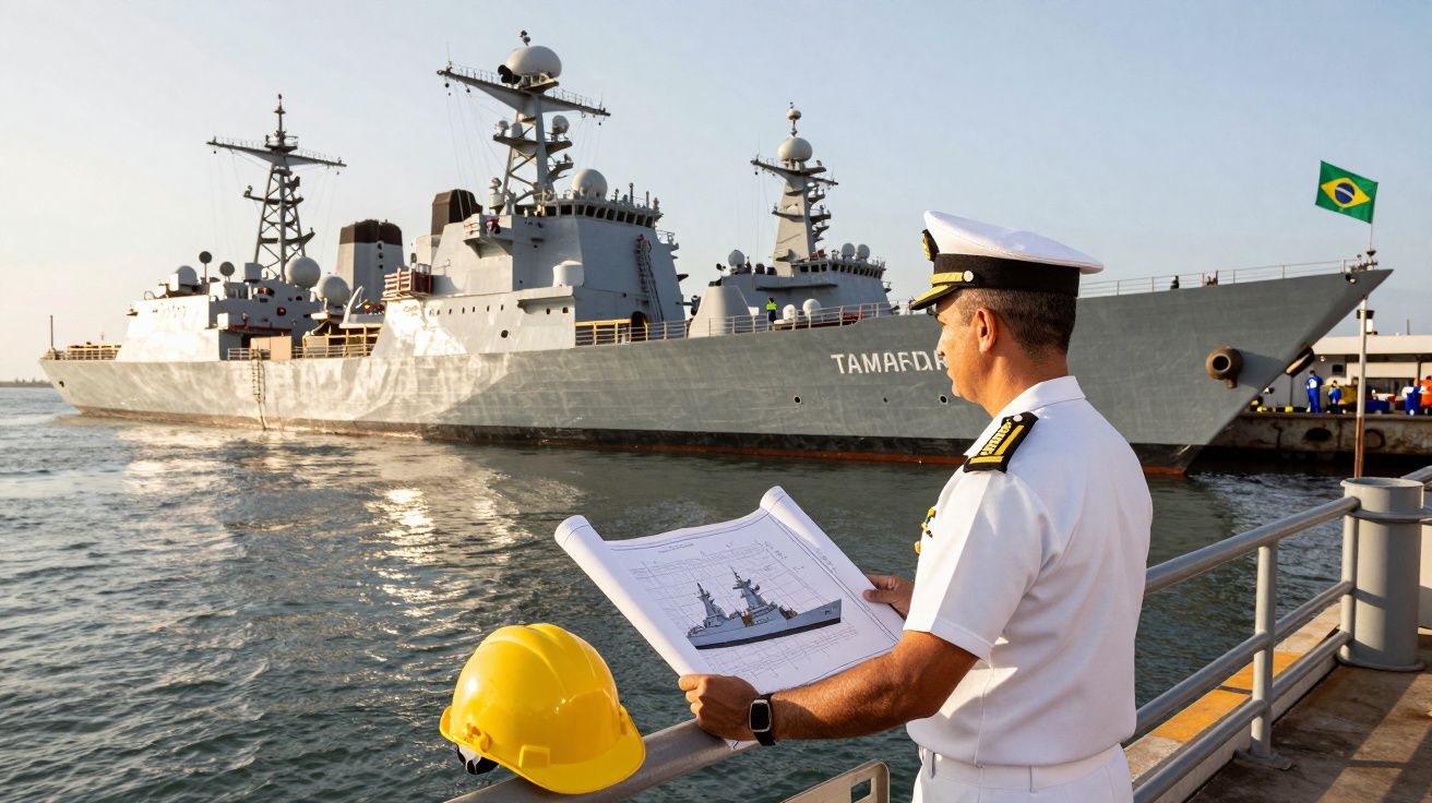 Militar da marinha brasileira com farda branca observa planta de navio de guerra cinzento atracado no cais.