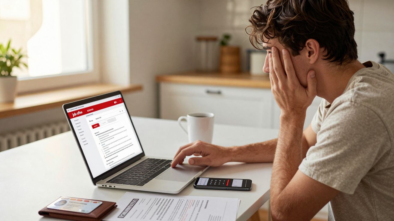 Homem preocupado a consultar e-mails no portátil com documentos e telemóvel na mesa da cozinha.