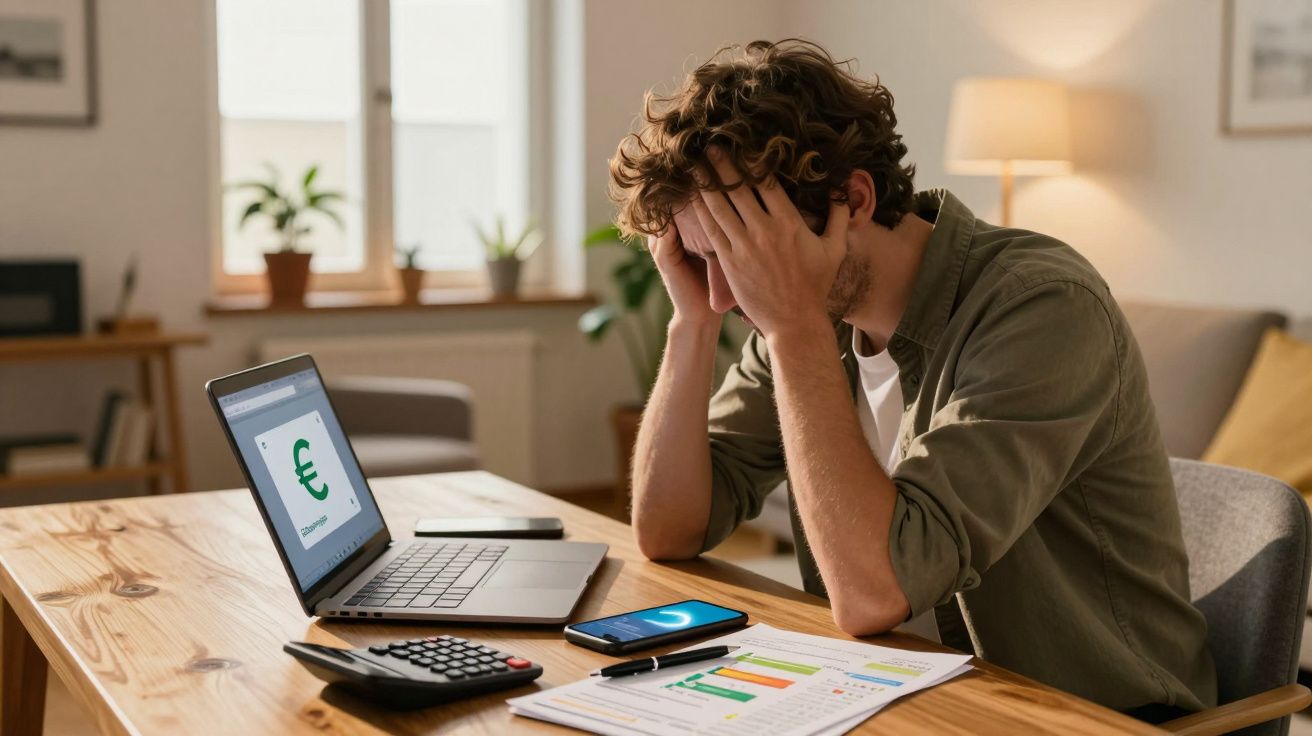 Homem preocupado em frente a computador com símbolos de euro, calculadora e documentos financeiros na mesa.