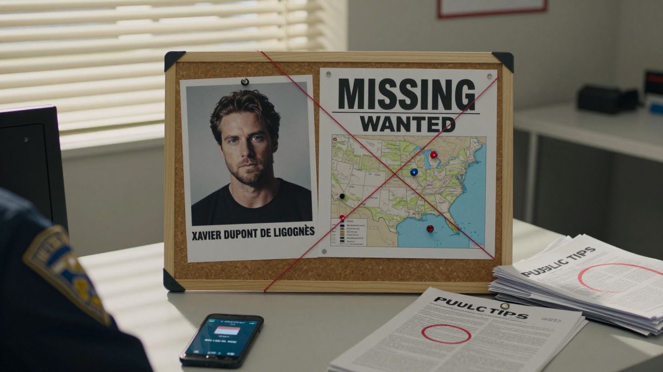 Quadro com fotografia, mapa e aviso de procurado desaparecido sobre uma mesa de escritório policial.