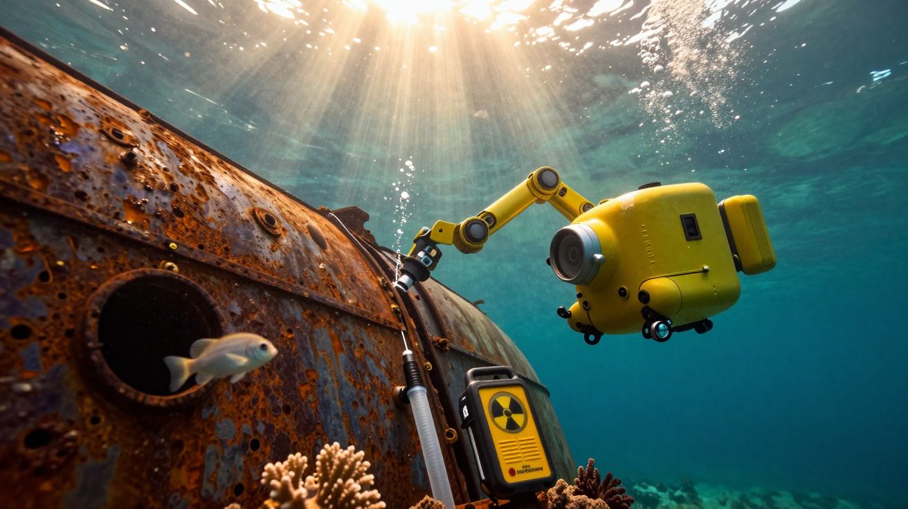 Veículo subaquático amarelo a inspecionar um submarino enferrujado no fundo do mar.
