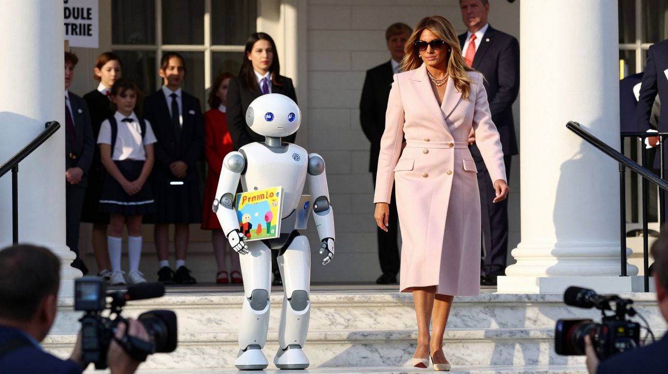 Mulher de casaco rosa e robot branco com livro caminham em escadas, pessoas observam ao fundo.