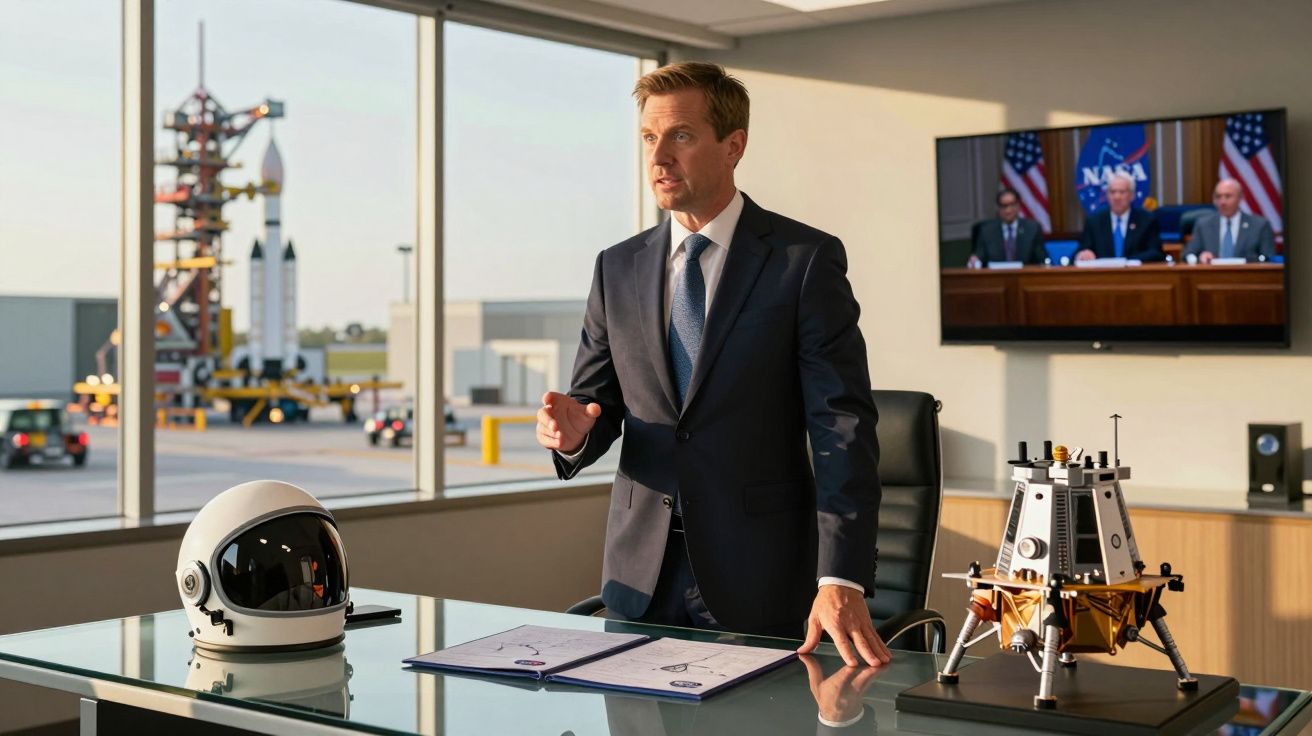 Homem em fato de executivo fala em escritório com capacete de astronauta e modelo de módulo lunar na mesa.